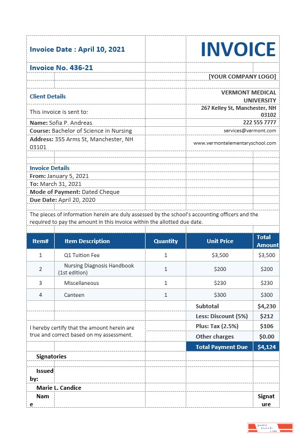 Nursing School Invoice Template PSD template